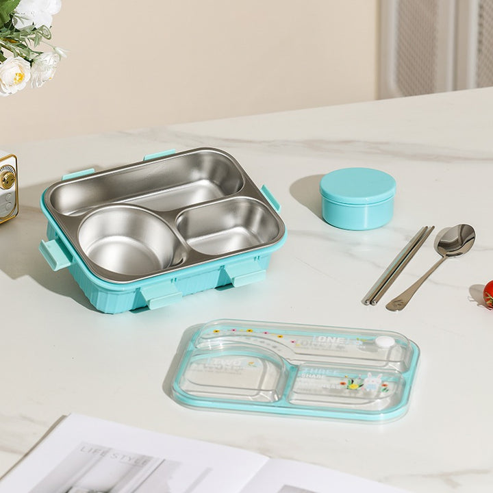 Lunch Box with 3 Compartment Inner Steel, 1 Small Container, Spoon & Chopstick Air-Tight Leakproof Heat Water Insulation Design- 750ml+70ml 🍱3 Compartment Design for Easy Meal Separation: The ATTRO Alpha Kids Lunch Box features 3 inner stainles