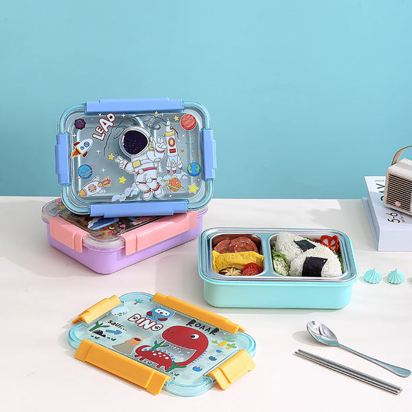 Cartoon Kids Bento Lunch Box | Stainless Steel | 2 Compartments with Cutlery waodeals