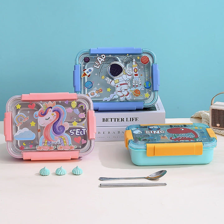 Cartoon Kids Bento Lunch Box | Stainless Steel | 2 Compartments with Cutlery waodeals