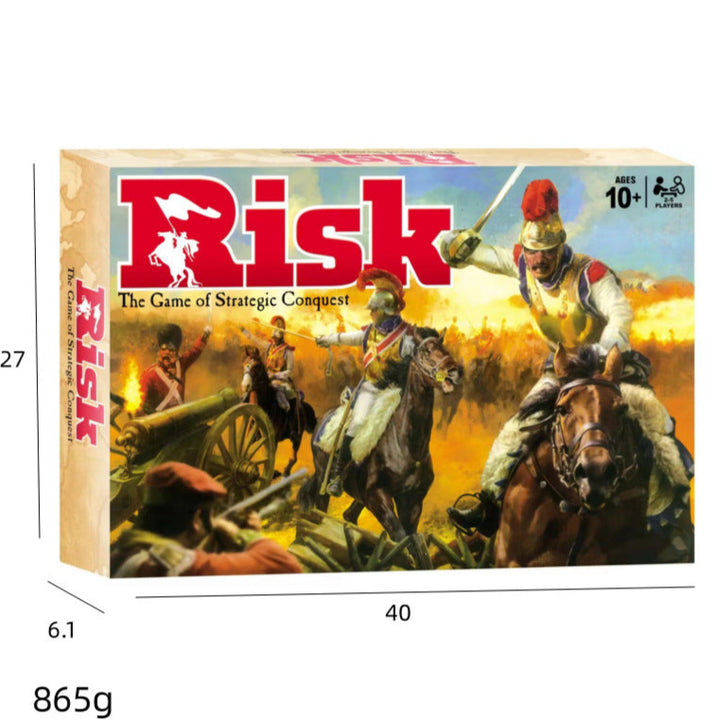 Risk board game box with soldiers on horseback and cannon, dimensions, weight, and age recommendation.