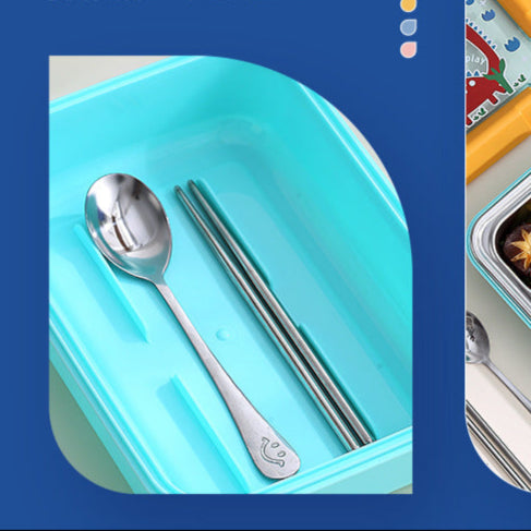 Stainless steel spoon and chopsticks in a turquoise case with a blue border.