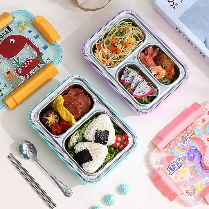 Cartoon Kids Bento Lunch Box | Stainless Steel | 2 Compartments with Cutlery waodeals