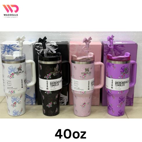 🌸 Stanley x Bow Printed Tumbler 40Oz (1200ml) – FlowState™ Insulated Quencher Cup with Straw, Gift Box, Bow Topper 🌟 waodeals