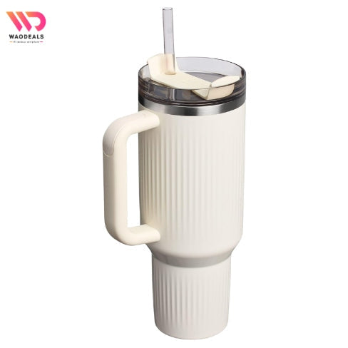 Stanley Quencher H2.0 Tumbler with Handle and Straw 40 oz | Flowstate 3-Position Lid | Cup Holder Compatible for Travel | Fluted Cream Gloss waodeals