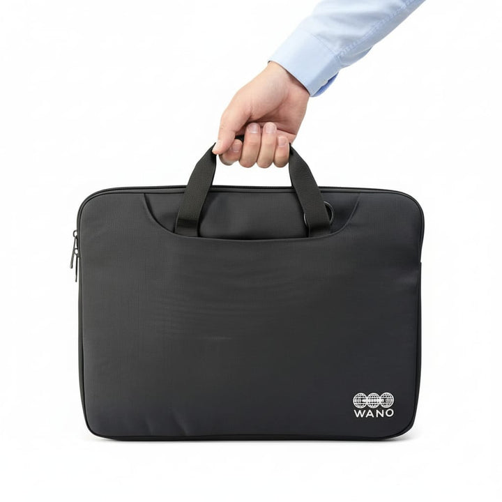 Black briefcase held by a hand on a white background with 'WANO' branding.