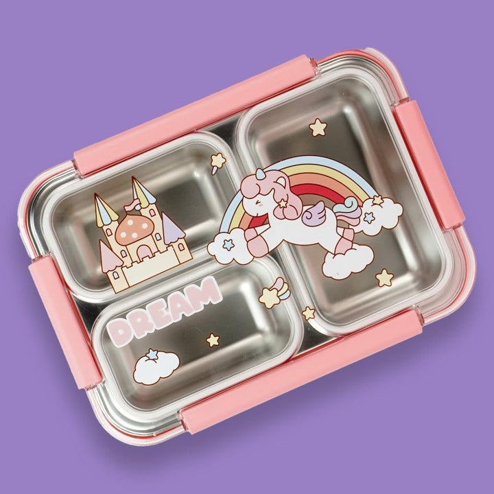 🍱✨ Surprise Box – 3 Compartment Stainless Steel Bento Lunch Box for Kids with Fork & Spoon Leak-Proof, Cute Unicorn & Castle Design 🦄 waodeals