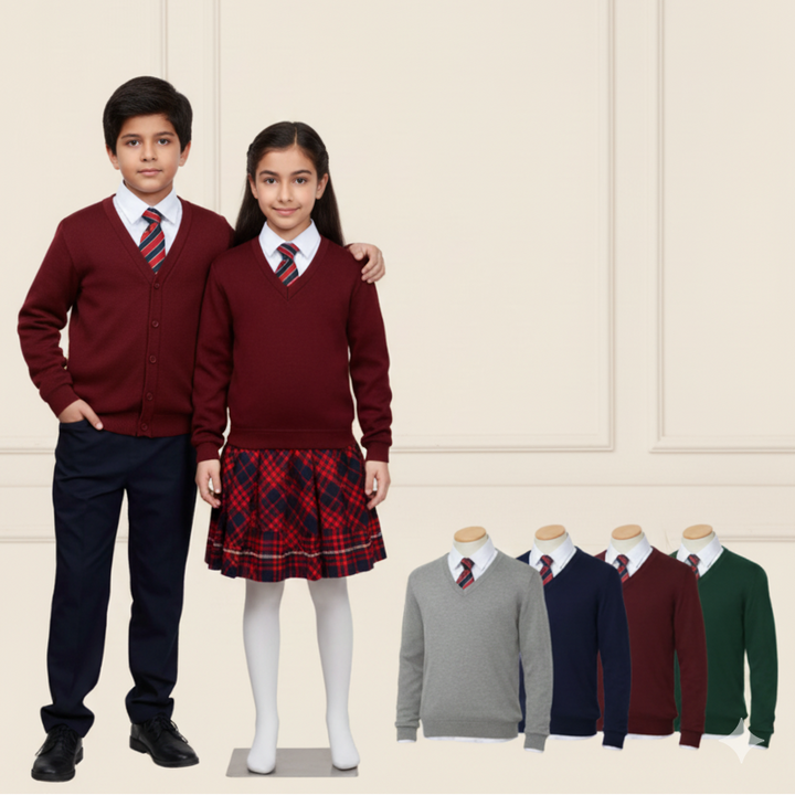 Two children in matching school uniforms with a row of additional uniforms below on a plain background.