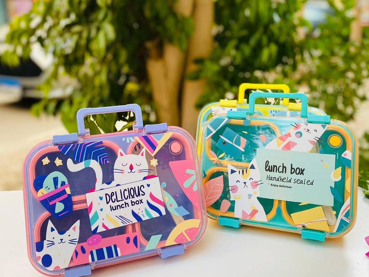 1PCS Meow Theme 3 Compartment Portable Plastic Lunch Box waodeals
