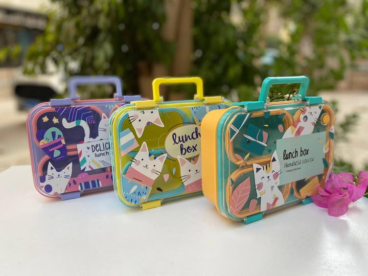 1PCS Meow Theme 3 Compartment Portable Plastic Lunch Box waodeals