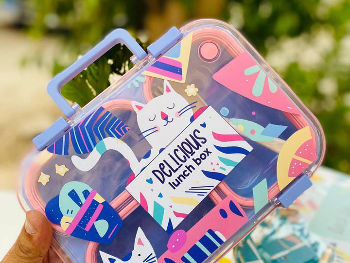 1PCS Meow Theme 3 Compartment Portable Plastic Lunch Box waodeals