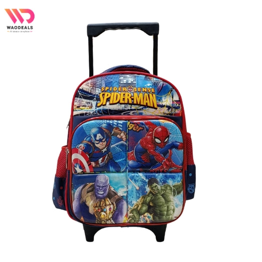 Backpack with superhero designs on a white background