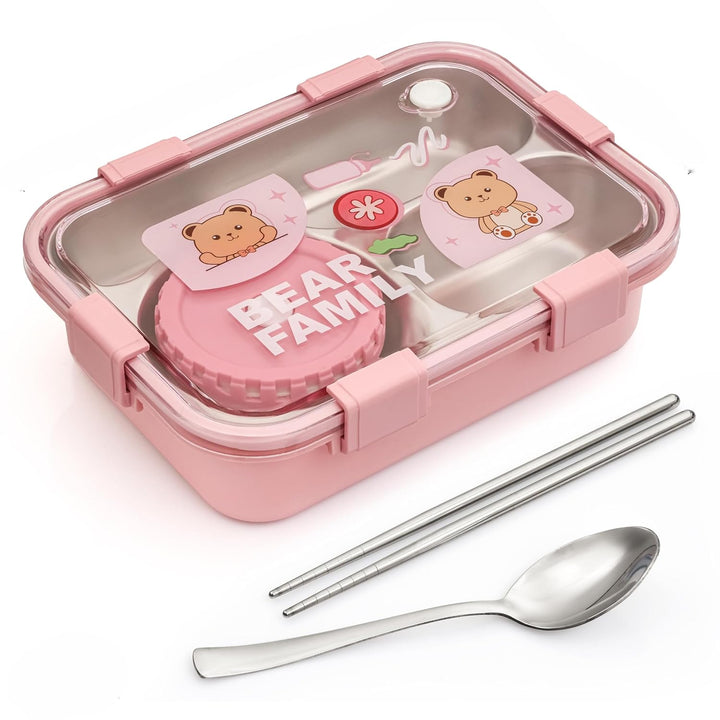 🧸Bear Family Bento Stainless Steel Lunch Box 3-Compartment Tiffin Box with Chopsticks & Spoon💙 waodeals