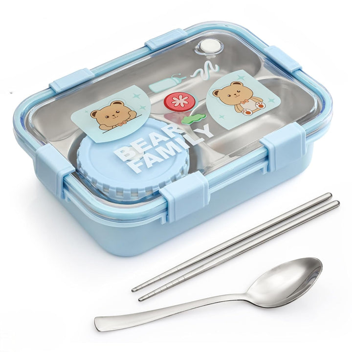 🧸Bear Family Bento Stainless Steel Lunch Box 3-Compartment Tiffin Box with Chopsticks & Spoon💙 waodeals