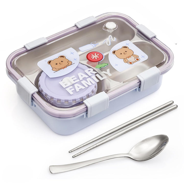 🧸Bear Family Bento Stainless Steel Lunch Box 3-Compartment Tiffin Box with Chopsticks & Spoon💙 waodeals