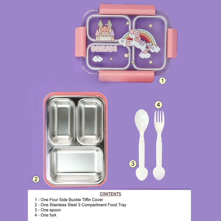 🍱✨ Surprise Box – 3 Compartment Stainless Steel Bento Lunch Box for Kids with Fork & Spoon Leak-Proof, Cute Unicorn & Castle Design 🦄 waodeals