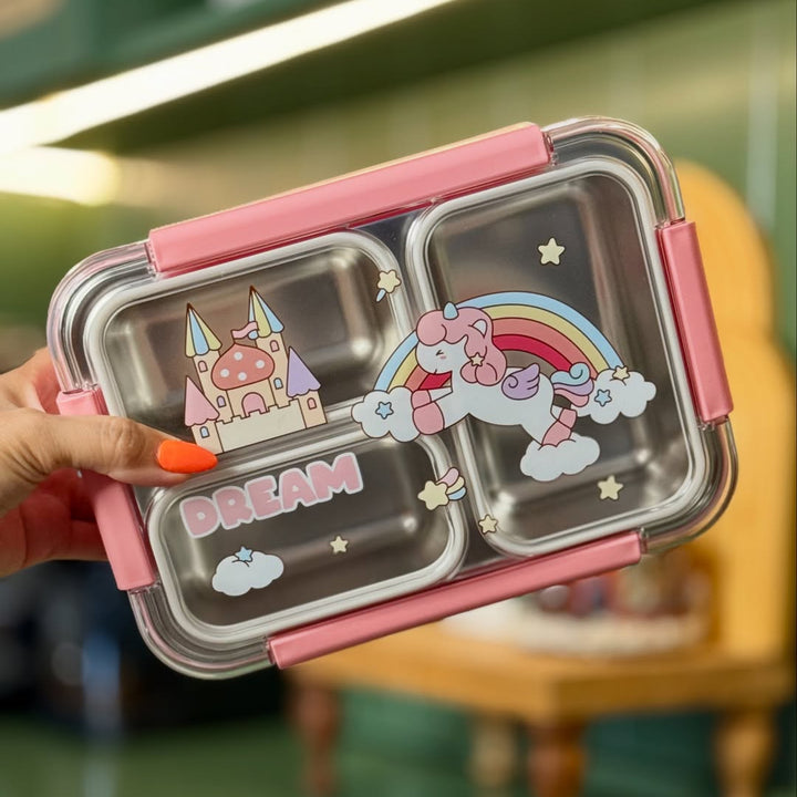 🍱✨ Surprise Box – 3 Compartment Stainless Steel Bento Lunch Box for Kids with Fork & Spoon Leak-Proof, Cute Unicorn & Castle Design 🦄 waodeals