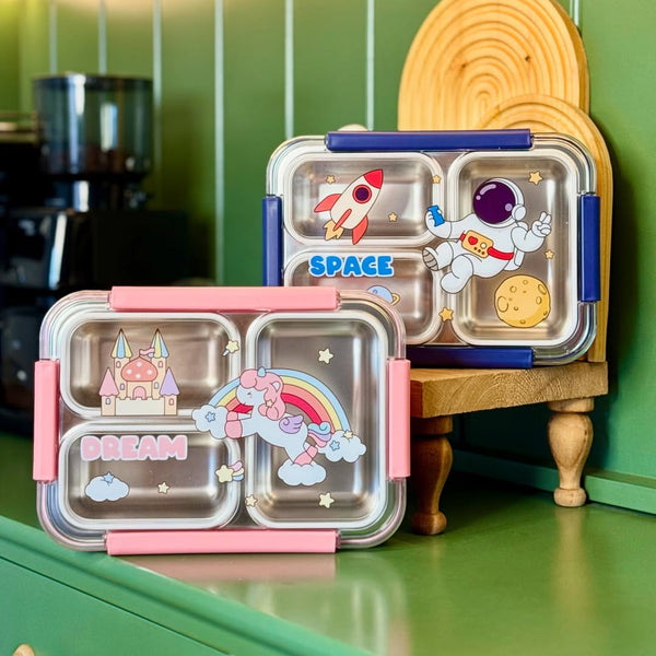 🍱✨ Surprise Box – 3 Compartment Stainless Steel Bento Lunch Box for Kids with Fork & Spoon Leak-Proof, Cute Unicorn & Castle Design 🦄 waodeals