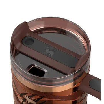 Brown insulated mug with a clear lid on a white background