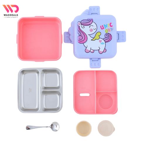 🍱 Unicorn Insulated Stainless Steel Lunch Box 3 Compartments – Double-Layer Bento Box with Steel Spoon & Small Container 🦄✨ waodeals