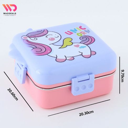🍱 Unicorn Insulated Stainless Steel Lunch Box 3 Compartments – Double-Layer Bento Box with Steel Spoon & Small Container 🦄✨ waodeals