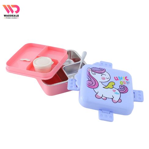 🍱 Unicorn Insulated Stainless Steel Lunch Box 3 Compartments – Double-Layer Bento Box with Steel Spoon & Small Container 🦄✨ waodeals