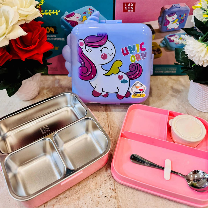 🍱 Unicorn Insulated Stainless Steel Lunch Box 3 Compartments – Double-Layer Bento Box with Steel Spoon & Small Container 🦄✨ waodeals