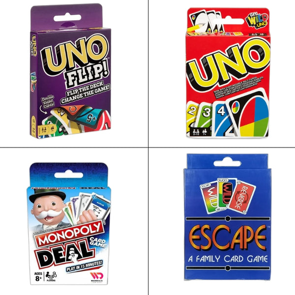 Ultimate Family Fun Pack: UNO Flip, UNO, Monopoly Deal, and Escape Family Card Games