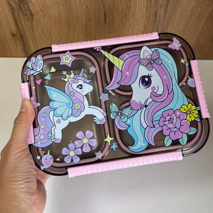 🍱✨ Kids Characters 3-Compartment Stainless Steel Bento Lunch Box with Spoon & Fork | Leak-Proof Cartoon Design 🦄🎒 waodeals