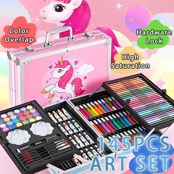 Unicorn 145pcs Colouring Kit, Art Set for Sketching, Painting, and Drawing with Portable Aluminum Box