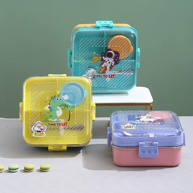 🍱 2-Layer Stainless Steel Lunch Box | 3 Compartments with Sauce Bowl & Spoon Kids & Adult Bento Box waodeals