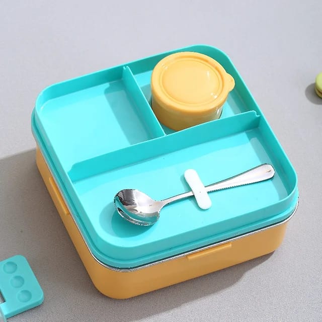 🍱 2-Layer Stainless Steel Lunch Box | 3 Compartments with Sauce Bowl & Spoon Kids & Adult Bento Box waodeals