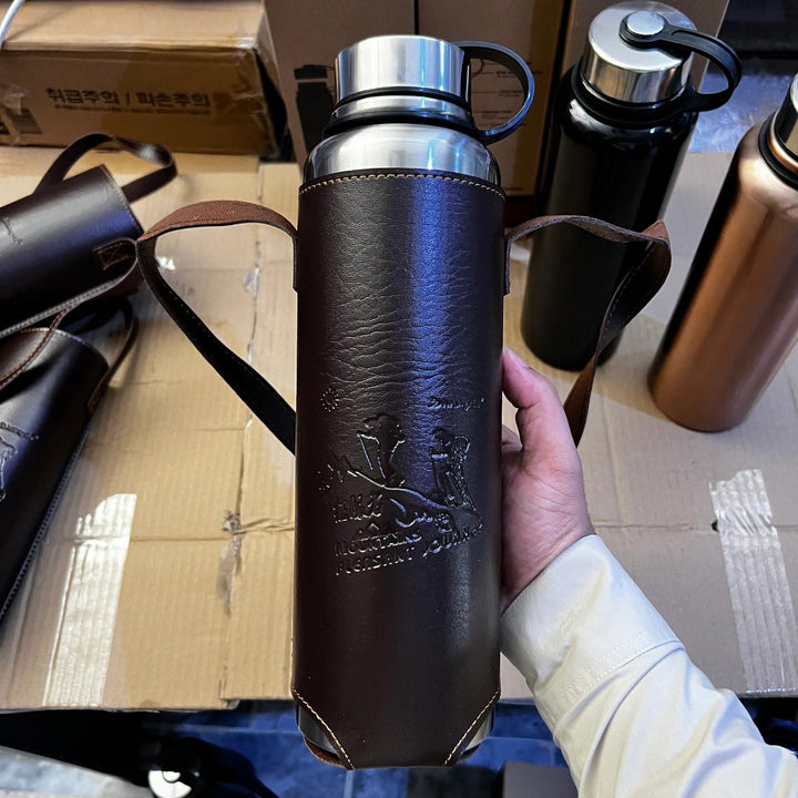 1500ml Stainless Steel Thermos Flask – Hot & Cold Vacuum Bottle with Leather Cover for Outdoor, Travel & Camping 🥤🌄🔥❄️ waodeals