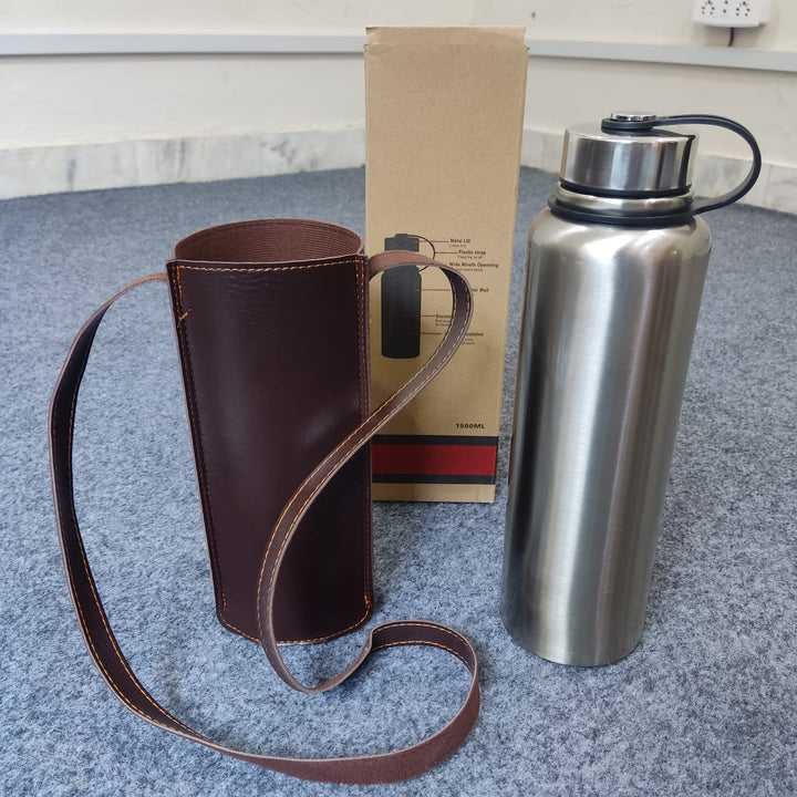 1500ml Stainless Steel Thermos Flask – Hot & Cold Vacuum Bottle with Leather Cover for Outdoor, Travel & Camping 🥤🌄🔥❄️ waodeals