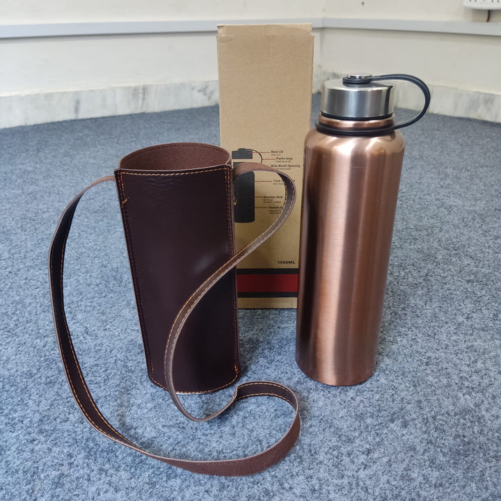 1500ml Stainless Steel Thermos Flask – Hot & Cold Vacuum Bottle with Leather Cover for Outdoor, Travel & Camping 🥤🌄🔥❄️ waodeals