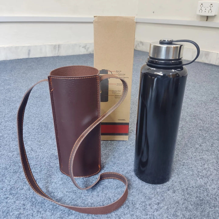 1500ml Stainless Steel Thermos Flask – Hot & Cold Vacuum Bottle with Leather Cover for Outdoor, Travel & Camping 🥤🌄🔥❄️ waodeals