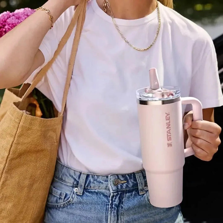 🤍 Stanley Quencher ProTour Flip Straw Lid Tumbler 40oz – Leakproof Rose Quartz 🧊✨ WaoDeals
