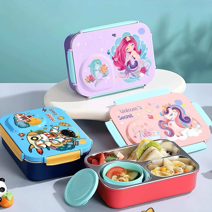 Galaxy Bites 3-Grid Stainless Steel Bento Lunch Box – Leakproof, With Bowl & Spoon waodeals