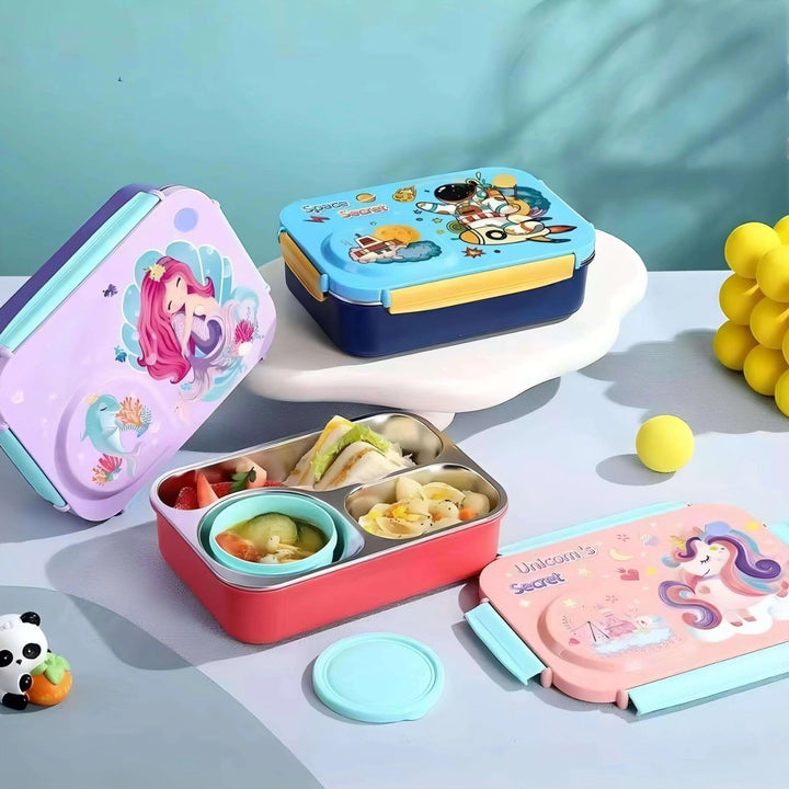 Galaxy Bites 3-Grid Stainless Steel Bento Lunch Box – Leakproof, With Bowl & Spoon waodeals