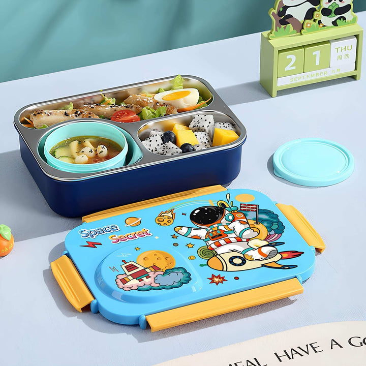 Galaxy Bites 3-Grid Stainless Steel Bento Lunch Box – Leakproof, With Bowl & Spoon waodeals