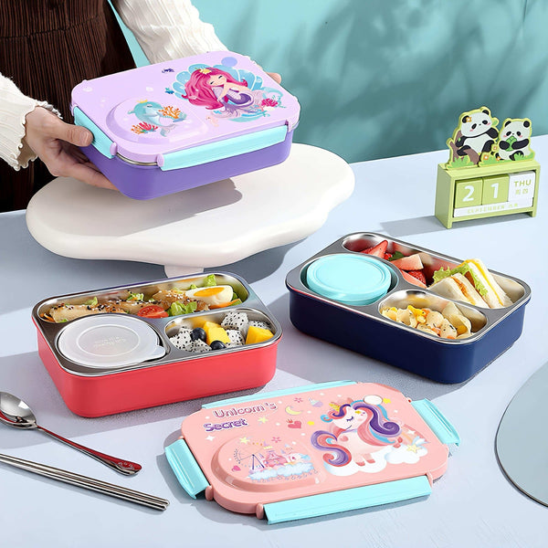 Galaxy Bites 3-Grid Stainless Steel Bento Lunch Box – Leakproof, With Bowl & Spoon waodeals