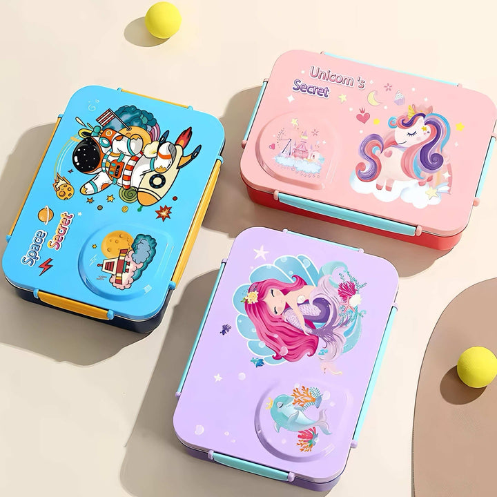 Galaxy Bites 3-Grid Stainless Steel Bento Lunch Box – Leakproof, With Bowl & Spoon waodeals