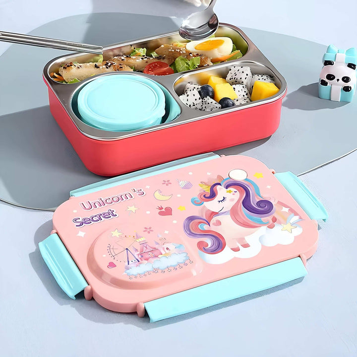 Galaxy Bites 3-Grid Stainless Steel Bento Lunch Box – Leakproof, With Bowl & Spoon waodeals