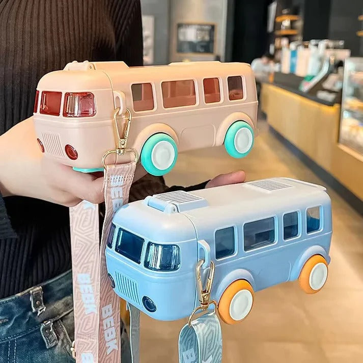500ml Toy Car Water Bottle Leakproof Bus Shape Kids Small Car Straw Kettle Drinkware with Shoulder Strap for School Sport waodeals