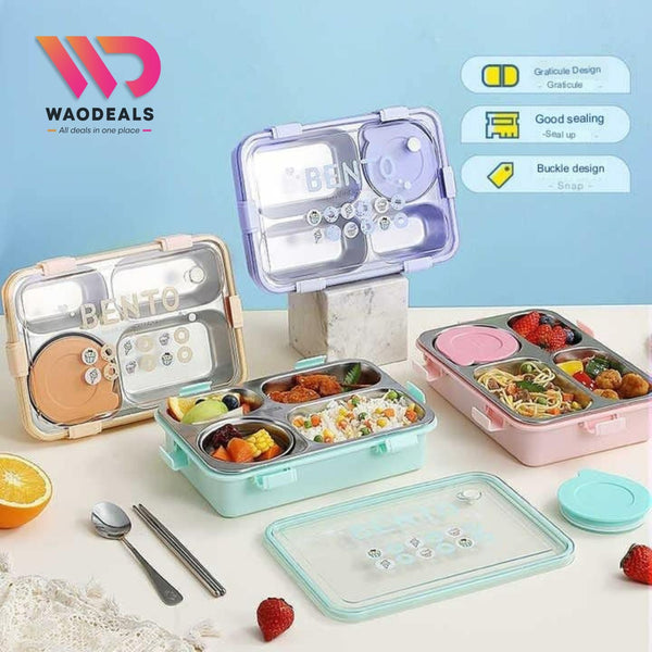 🍱 Stainless Steel Bento Lunch Box 4 Compartments | Insulated Tiffin Box with Spoon & Chopsticks waodeals