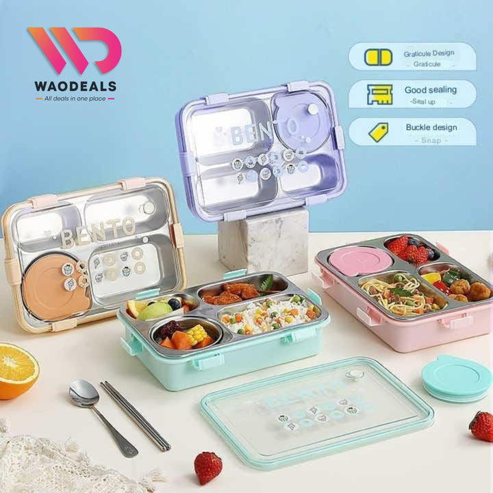 🍱 Stainless Steel Bento Lunch Box 4 Compartments | Insulated Tiffin Box with Spoon & Chopsticks waodeals