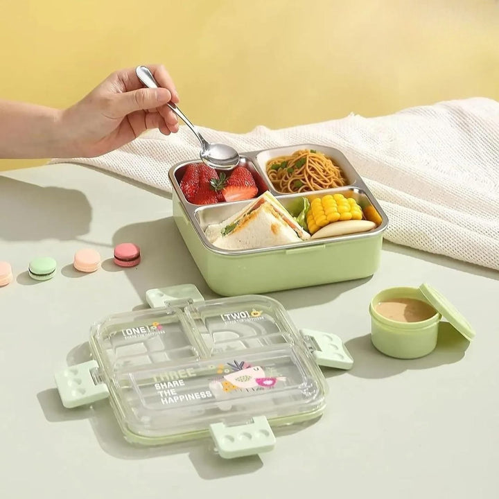 🍱 Big Bites Bento Lunch Box – 3 Compartments with Sauce Bowl &amp; Cutlery | Leak-Proof & Spacious Design 🥄💧 waodeals