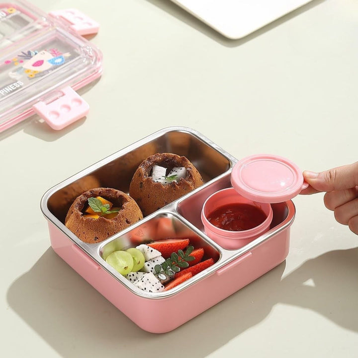 🍱 Big Bites Bento Lunch Box – 3 Compartments with Sauce Bowl &amp; Cutlery | Leak-Proof & Spacious Design 🥄💧 waodeals