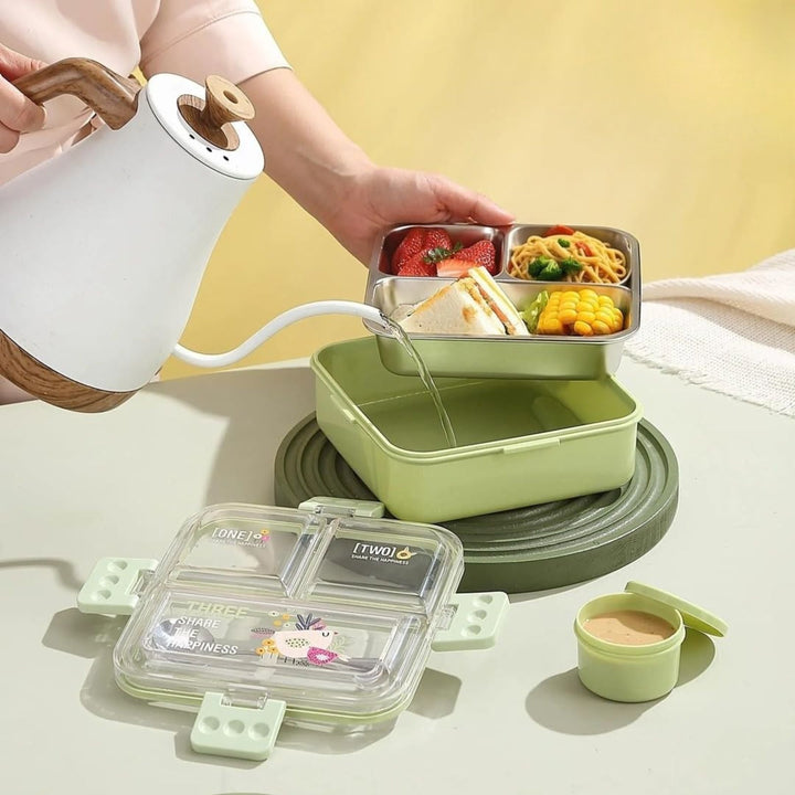 🍱 Big Bites Bento Lunch Box – 3 Compartments with Sauce Bowl &amp; Cutlery | Leak-Proof & Spacious Design 🥄💧 waodeals