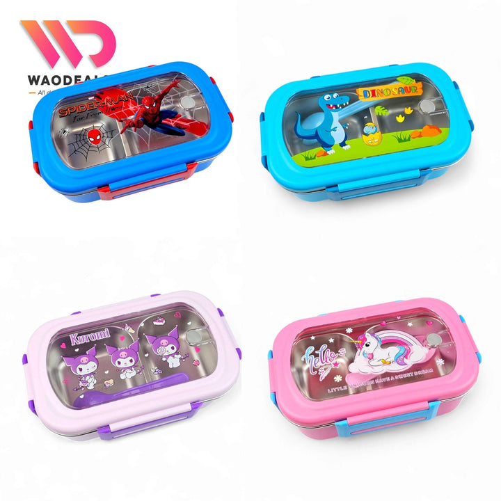 ✨ Kids Characters Lunch Box – 2-Compartment Stainless Steel Container with Spoon waodeals