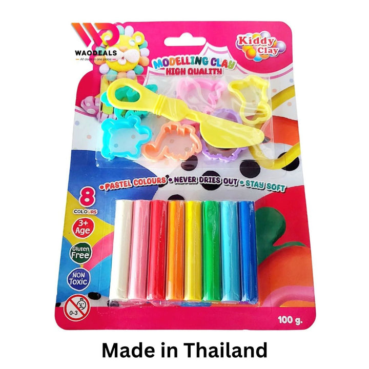 🎨 Kiddy Clay Modelling Clay – 8 Colours + Molds | Never Dries Out | Soft Play Dough | Made in Thailand 🧒✨ waodeals